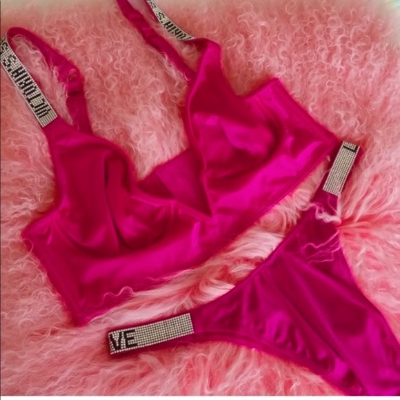 Victorias Secret Long Line V Shine Strap Bra Hot Fuchsia Pink Set - Picture 2 of 10